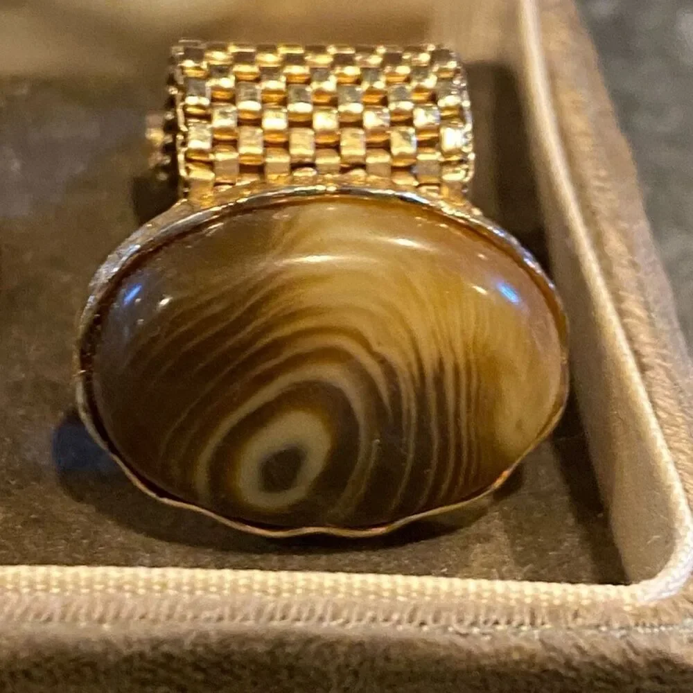 Vintage Dante Cuff Links Tie Tack Gold Tone Agate Look with Box